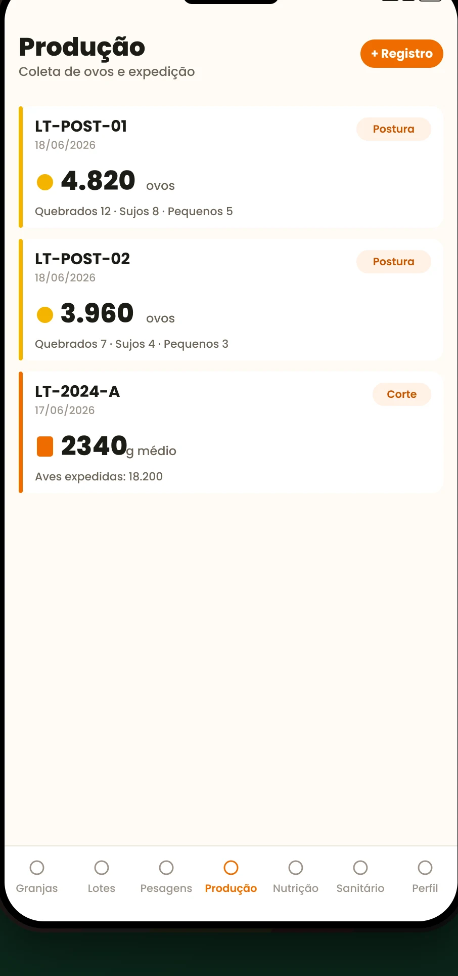 Tela de produção do Rumo Avicultura com coleta de ovos e expedição